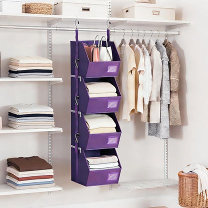 Hanging Closet Organizer 4 Tier, Hanging Shelves for Closet-Hanging Closet Organizer with Stackable Shelves,Versatile Fabric Storage Bins for Bedroom, RV, Nursery,Dorm(Purple)