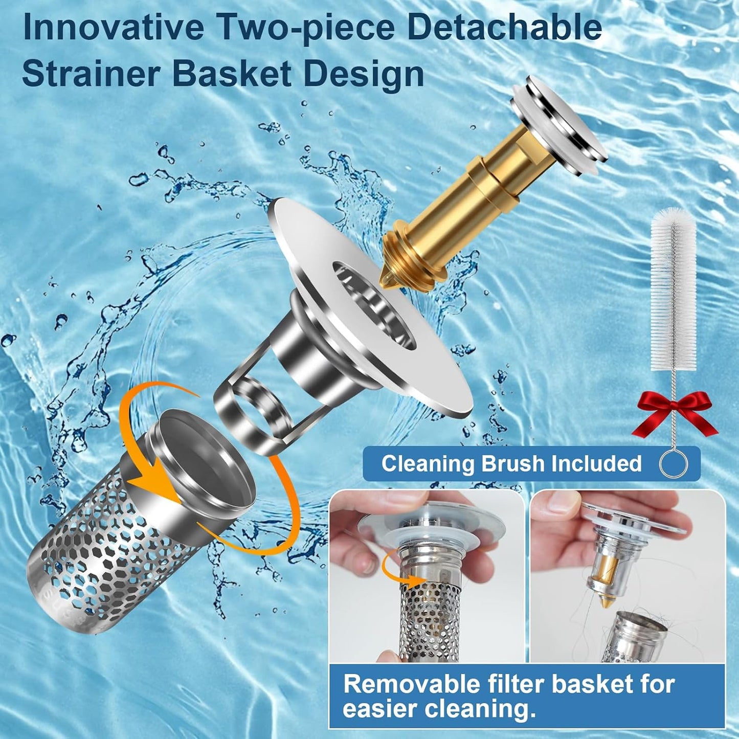 Bathroom Sink Stopper, Pop-up Bathroom Sink Drain Strainer Stopper with Removable Stainless Steel Strainer Filter Basket Hair Catcher, Sink Drain Stopper for Bathroom Sink Stopper Replacement (2PCS)
