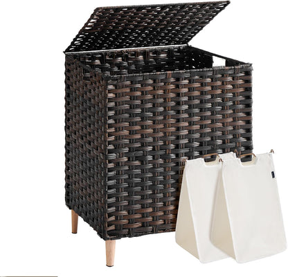 SONGMICS 3-Section Laundry Hamper with Lid, 42.2 Gal (160L) PE Rattan Laundry Basket with Removable Washable Liners, for Bedroom & Living Room, Chestnut Brown ULCB223ME01