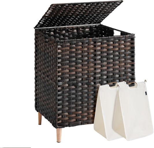 SONGMICS 3-Section Laundry Hamper with Lid, 42.2 Gal (160L) PE Rattan Laundry Basket with Removable Washable Liners, for Bedroom & Living Room, Chestnut Brown ULCB223ME01