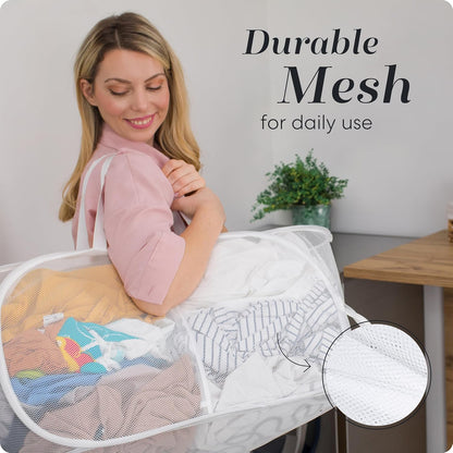Handy Laundry Collapsible Laundry Basket, 3-Compartment Mesh Laundry Sorter, Foldable Pop Up Hamper with Handles, Space-Saving Durable Organizer for Dorm, Bedroom, Travel, White