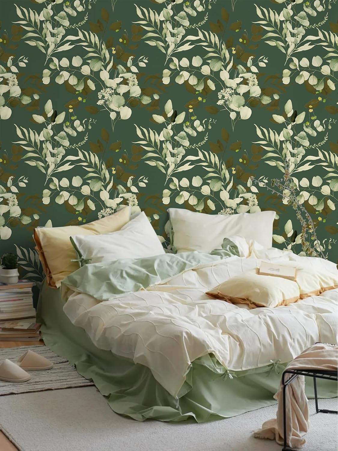 HAOKHOME Peel and Stick Wallpaper Boho Green/White Botanical Leaf Floral Wall Mural Home Nursery Decor Renter Friendly Wallpaper 17.3in x 9.8ft