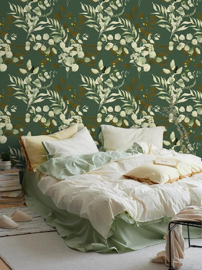 HAOKHOME Peel and Stick Wallpaper Boho Green/White Botanical Leaf Floral Wall Mural Home Nursery Decor Renter Friendly Wallpaper 17.3in x 9.8ft