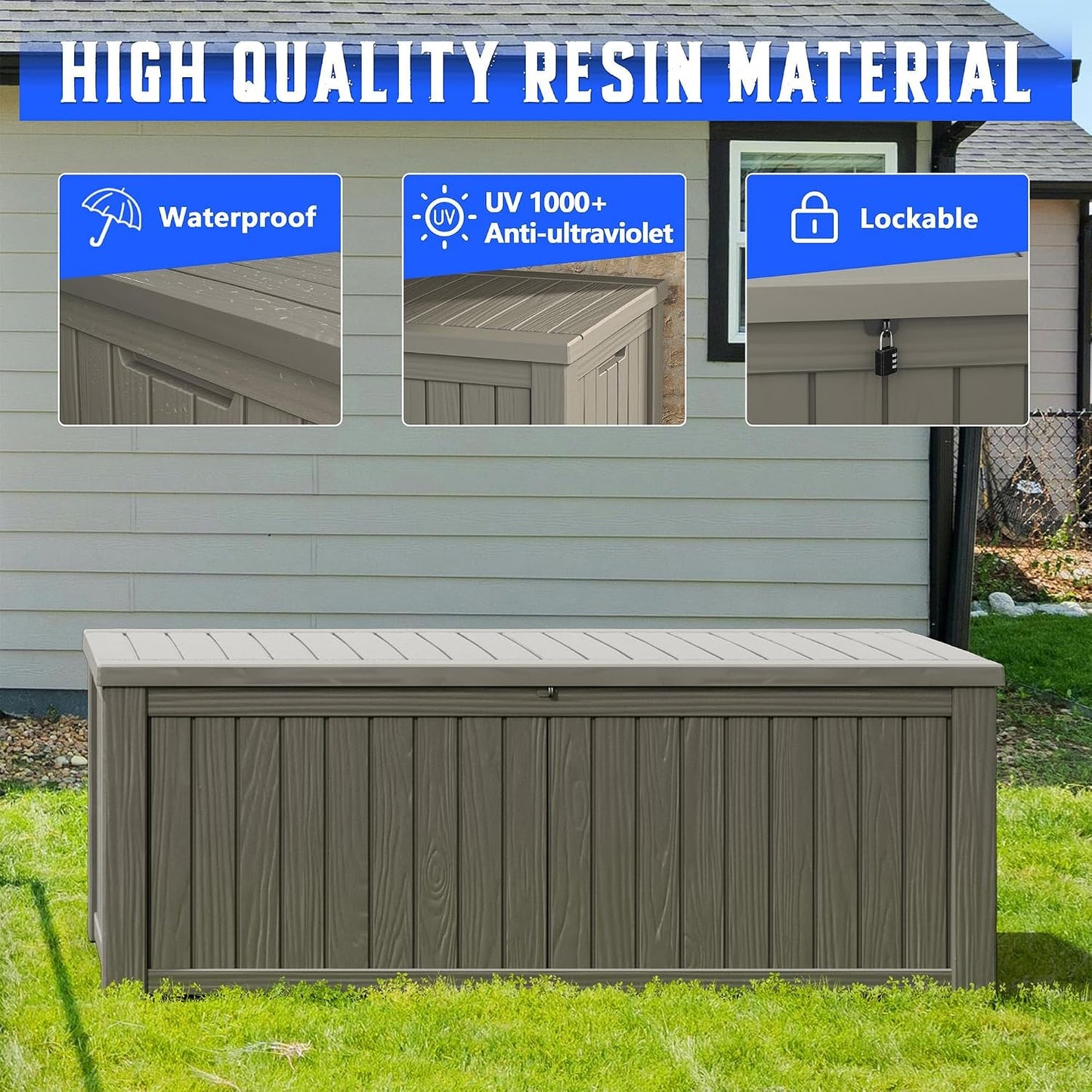 Outdoor Storage Box, Resin Deck Boxes Indoor and outdoor, Waterproof Storage Box Lockable Lid (Black, 85 Gallon)