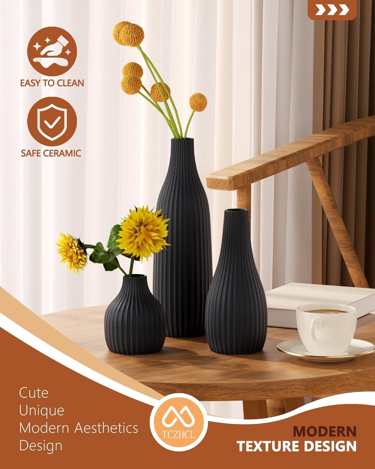 Minimal Line White Ceramic Vase Set of 3 - Modern Nordic Boho Decorative Vases for Home Table Decor, Shelf, Entryway, Coffee Table, Dining Table Centerpiece, Fireplace Mantel - Matte White