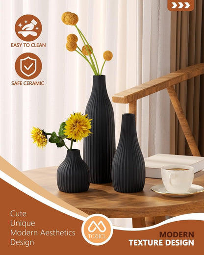 Minimal Line White Ceramic Vase Set of 3 - Modern Nordic Boho Decorative Vases for Home Table Decor, Shelf, Entryway, Coffee Table, Dining Table Centerpiece, Fireplace Mantel - Matte White