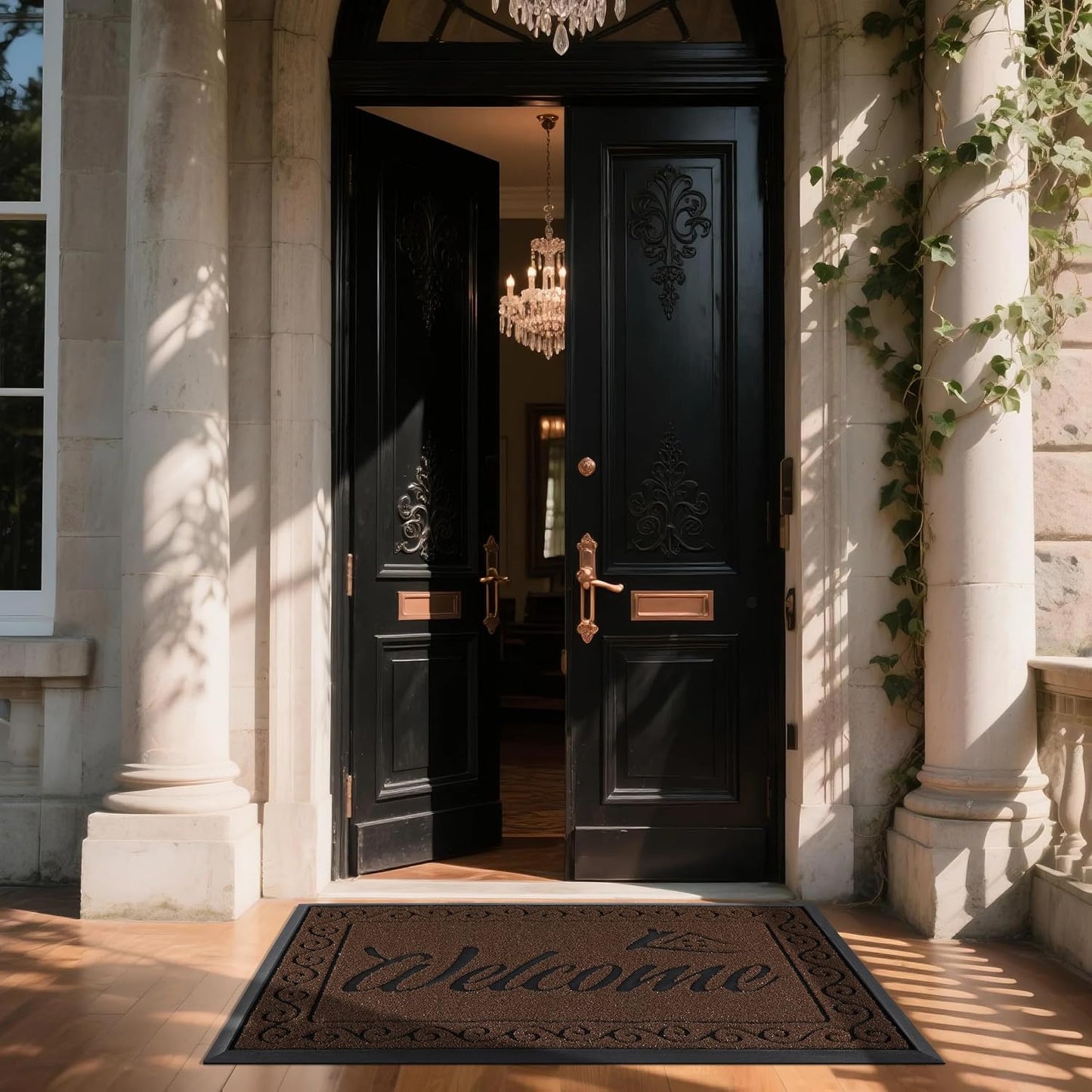 Yimobra Welcome Mat, Heavy Duty Sturdy Door Mats for Home Entrance Outdoor Indoor, Front Doormat for Outside Patio Floor Entry Porch Garage Office, Waterproof, Low Profile, 29.5x17, Black Grey
