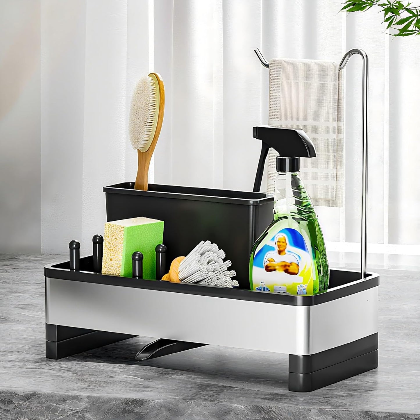Ewaiira Stainless Steel Sink Caddy, Sponge Holder for Kitchen Sink with Brush Holder and Towel Rack, Sink Organizer for Countertop, Soap Dispenser Kitchen Organizers Storage Essentials (A-Black)