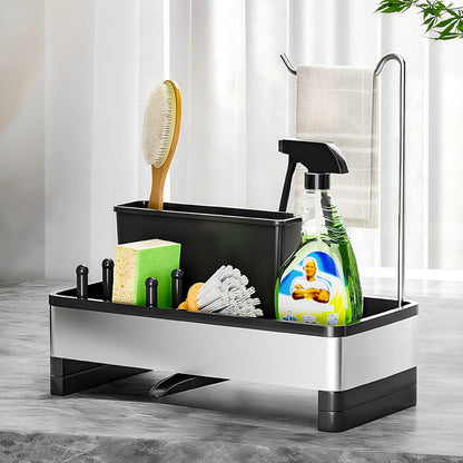Ewaiira Stainless Steel Sink Caddy, Sponge Holder for Kitchen Sink with Brush Holder and Towel Rack, Sink Organizer for Countertop, Soap Dispenser Kitchen Organizers Storage Essentials (A-Black)