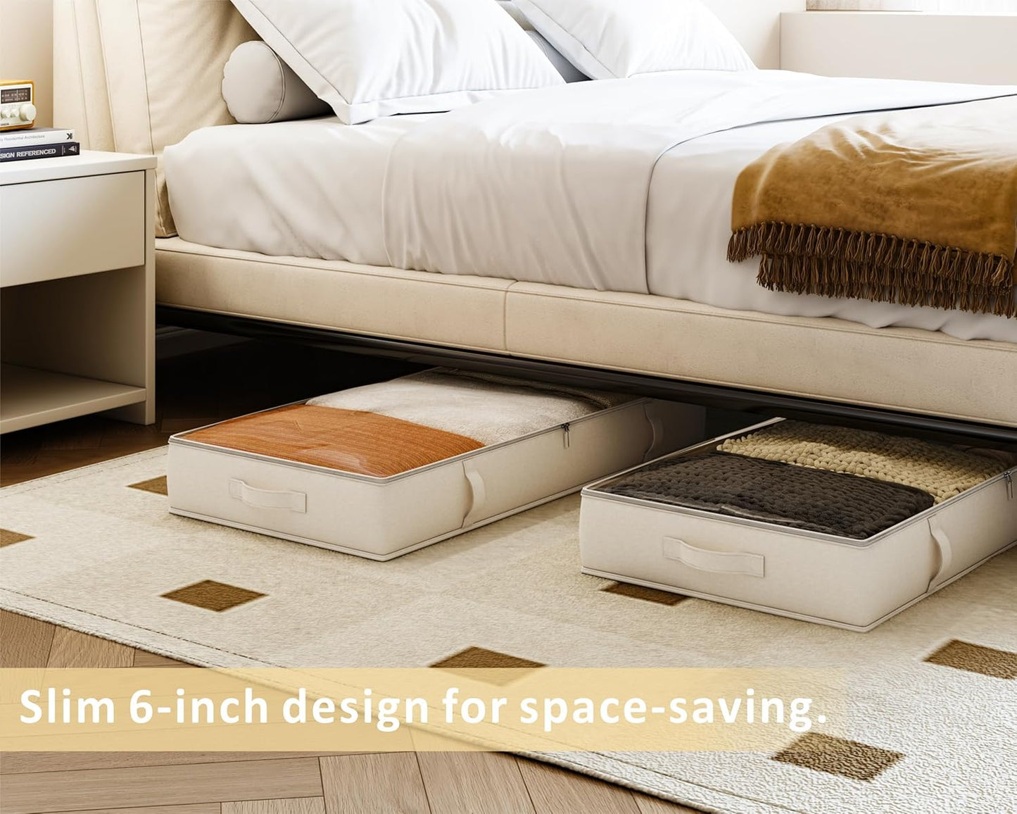 Vailando Side-Supported Under Bed Storage Containers, 6 Inches Tall 60L Underbed Storage Bins with Sturdy Handles and Sidewalls, Closet Organizer for Clothes, Blankets, Seasonal Items, Beige, 2-Pack