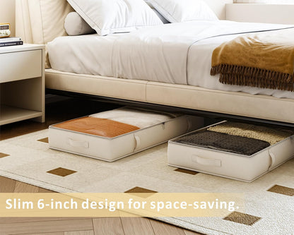 Vailando Side-Supported Under Bed Storage Containers, 6 Inches Tall 60L Underbed Storage Bins with Sturdy Handles and Sidewalls, Closet Organizer for Clothes, Blankets, Seasonal Items, Beige, 2-Pack