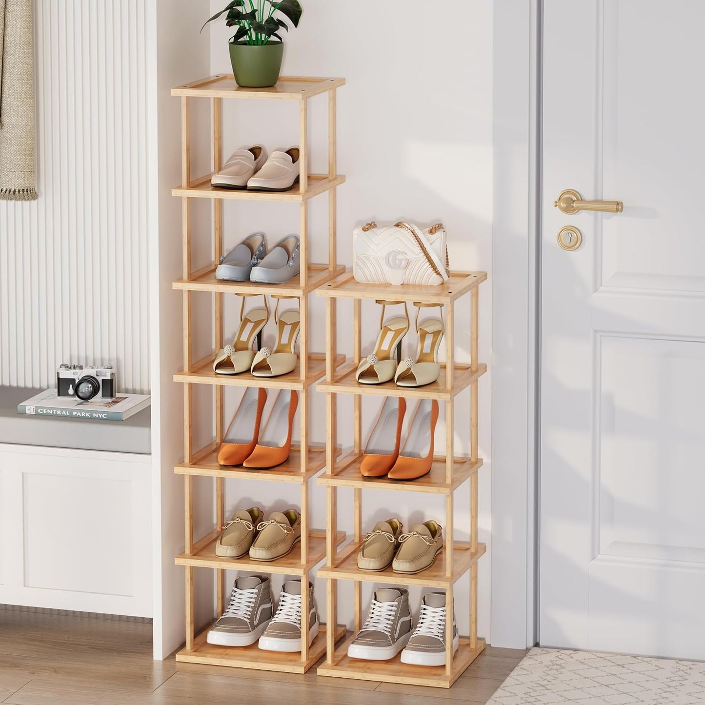 Vertical Tall Shoe Rack Organizer for Entryway -7 Tier Free Standing Slim Narrow Bamboo Wood Corner Stackable Shoe Boots Storage Stand Small Spaces for Closet Garage Cloakroom Living Room (Black)