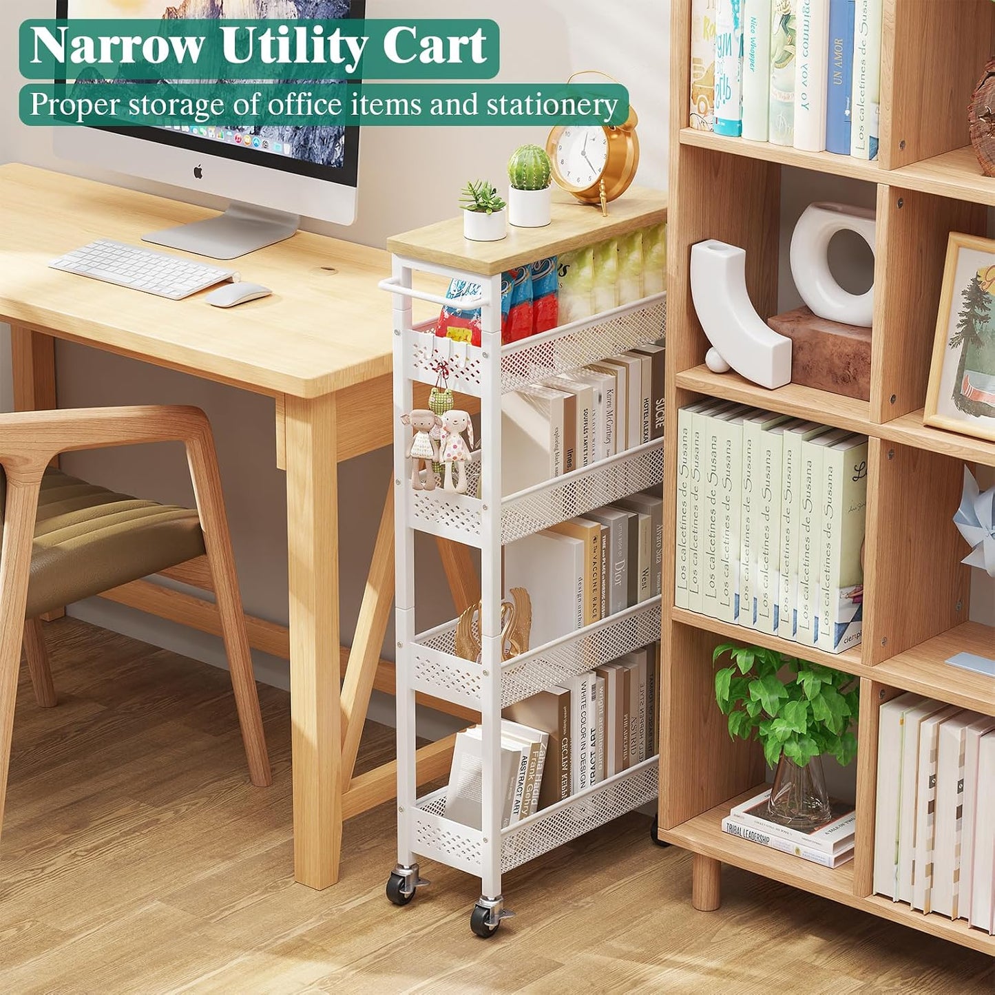 Giwil Slim Storage Cart 5 Tier Narrow Kitchen Rolling Cart on Wheels for Small Space, Metal Utility Cart Narrow Bathroom Storage Cabinet Mobile Shelf Unit Organizer with Wood Top and Handle, Black