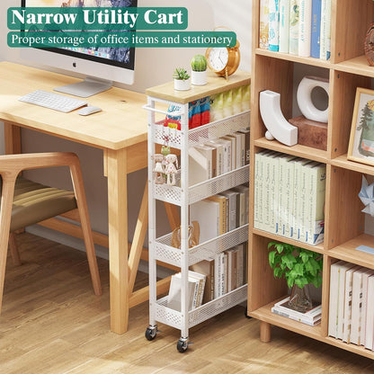 Giwil Slim Storage Cart 5 Tier Narrow Kitchen Rolling Cart on Wheels for Small Space, Metal Utility Cart Narrow Bathroom Storage Cabinet Mobile Shelf Unit Organizer with Wood Top and Handle, Black