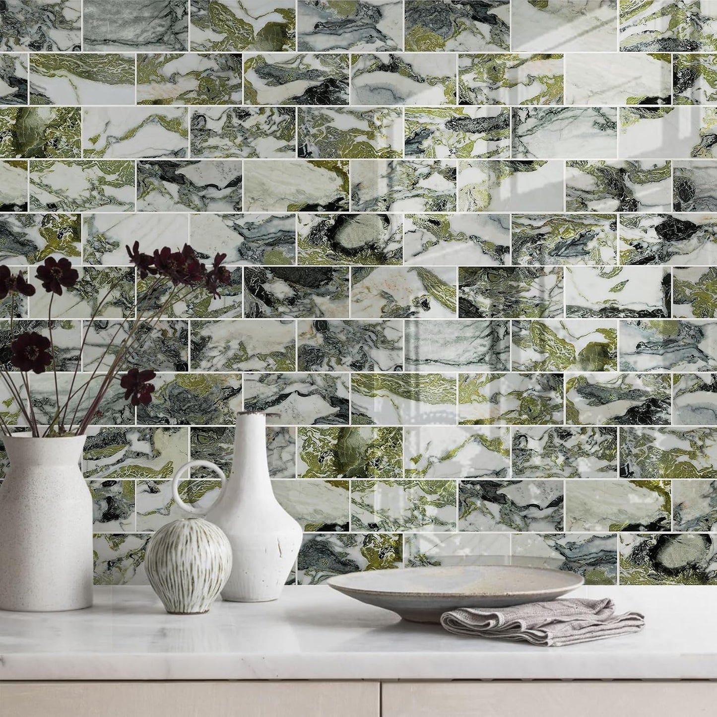 Vamos Tile 100-Piece Glossy Dolomite White Peel and Stick Backsplash Tile,3''x6'' PVC Subway Tile with White Grout, Stick on Backsplash for Kitchen/Bathroom/Fireplace