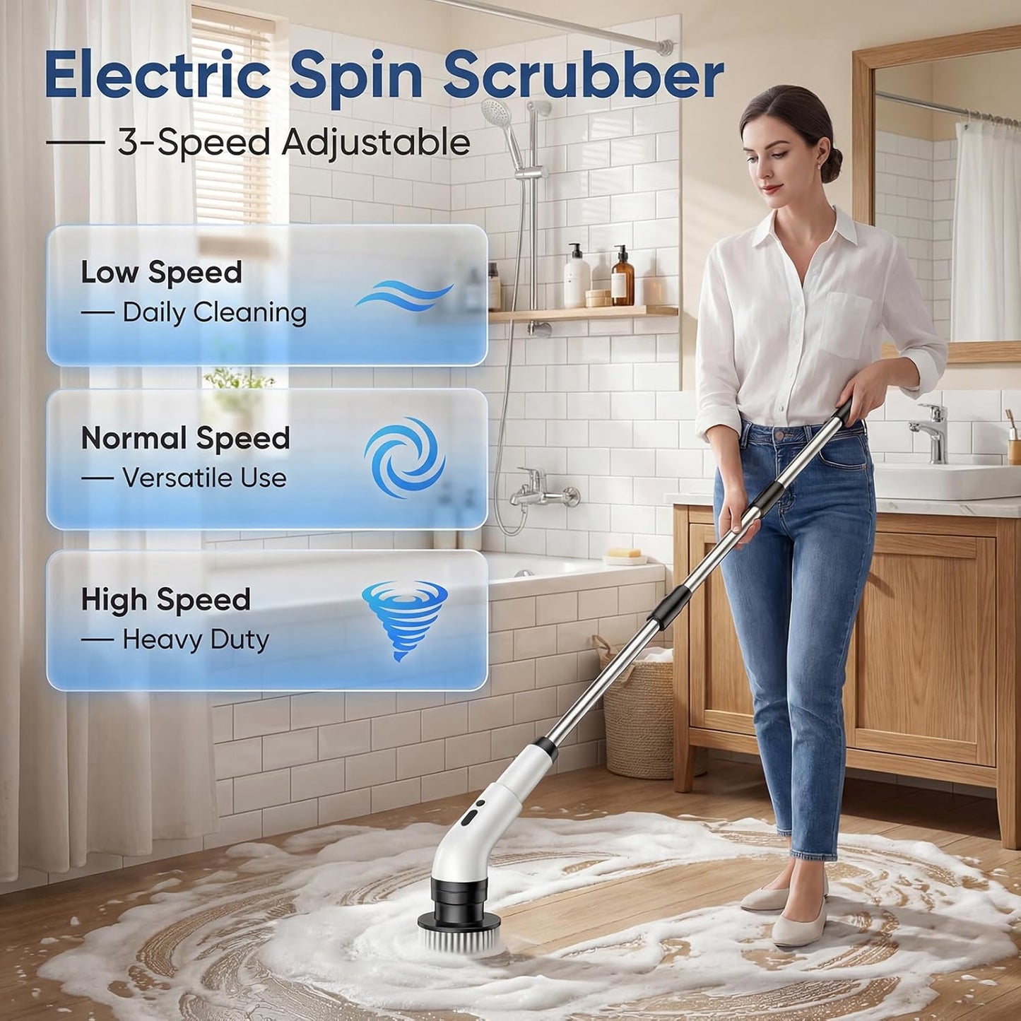 Electric Spin Scrubber, Cordless Power Scrubber for Bathroom/Shower/Tub/Tile & Grout, 9 Brush Heads, Dual-Speed, Adjustable Extension Handle, IPX7 Waterproof, USB-C Rechargeable Cleaning Tool (White)