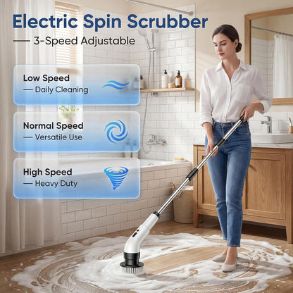 Electric Spin Scrubber, Cordless Power Scrubber for Bathroom/Shower/Tub/Tile & Grout, 9 Brush Heads, Dual-Speed, Adjustable Extension Handle, IPX7 Waterproof, USB-C Rechargeable Cleaning Tool (White)