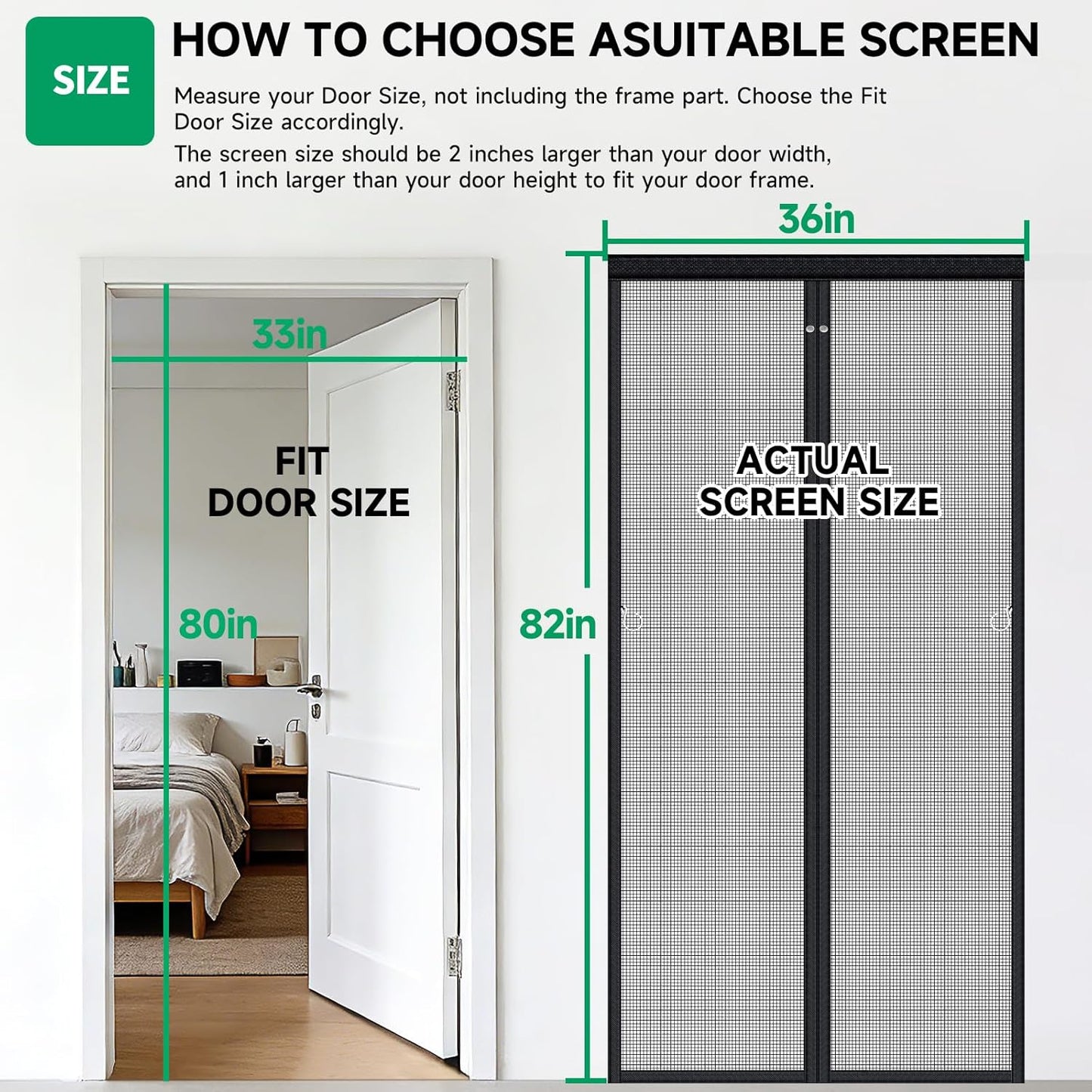 HOFUDON Upgraded Magnetic Screen Door Mesh, Full Strip Magnets, Heavy Duty Fiberglass Mesh, Door Screen Magnetic Closure for Single Door Size 32 x 80 Inch, Screen Door Size 35 x 82 Inch Black