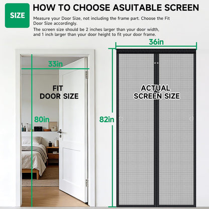 HOFUDON Upgraded Magnetic Screen Door Mesh, Full Strip Magnets, Heavy Duty Fiberglass Mesh, Door Screen Magnetic Closure for Single Door Size 32 x 80 Inch, Screen Door Size 35 x 82 Inch Black