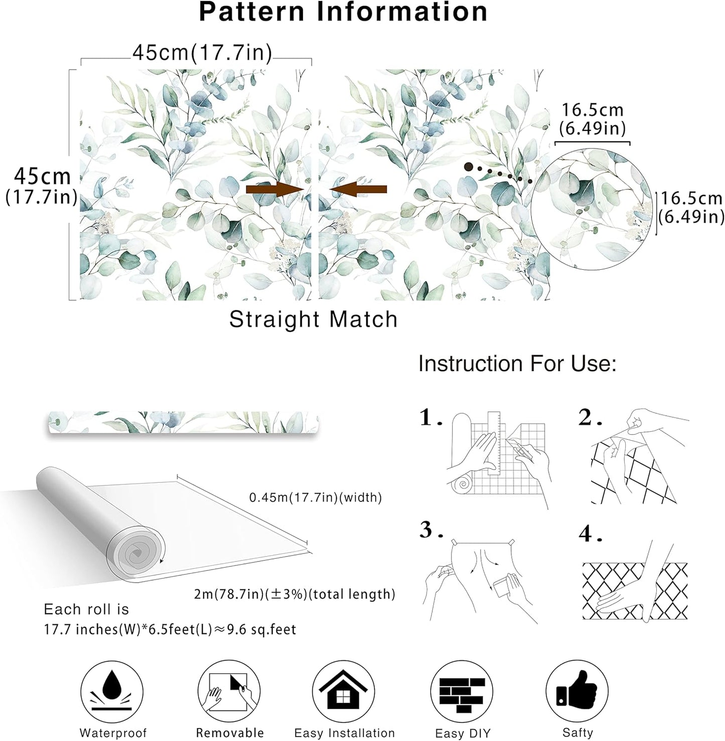 HAOKHOME Peel and Stick Wallpaper Boho Green/White Botanical Leaf Floral Wall Mural Home Nursery Decor Renter Friendly Wallpaper 17.3in x 9.8ft