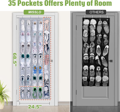 MISSLO 35 Clear Large Pockets Over The Door Shoe Organizer Sturdy Oxford Fabric Hanging Shoe Rack Closet Shoe Holder Hanger, White