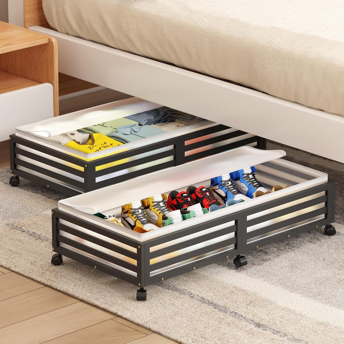 Under Bed Storage with Wheels-Large Bamboo Underbed storage Containers with Large Dust Bag Stackable Under the Bed Shoe Storage Bins for Clothes Books Bedding (2 Packs Nature, 23.62"L×16.54"W× 6.51"H)