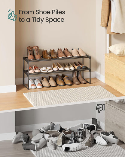 SONGMICS Shoe Rack, 6-Tier Shoe Organizer, Metal Storage Shelf, Upright or Upside Down, for 24-30 Pairs, Stackable, for Entryway, 11.8 x 36.2 x 42.7 Inches, Black ULSA306BH01