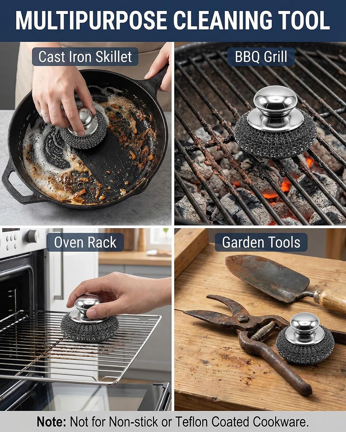 8 Pcs Steel Wool Scrubbers with 2 Pcs Handle,Stainless Steel Scouring Pads for Cast Iron Skillets, Grill & Kitchen Pots - Rust Resistant, Non-Splintering Heavy Duty for Tough Grease