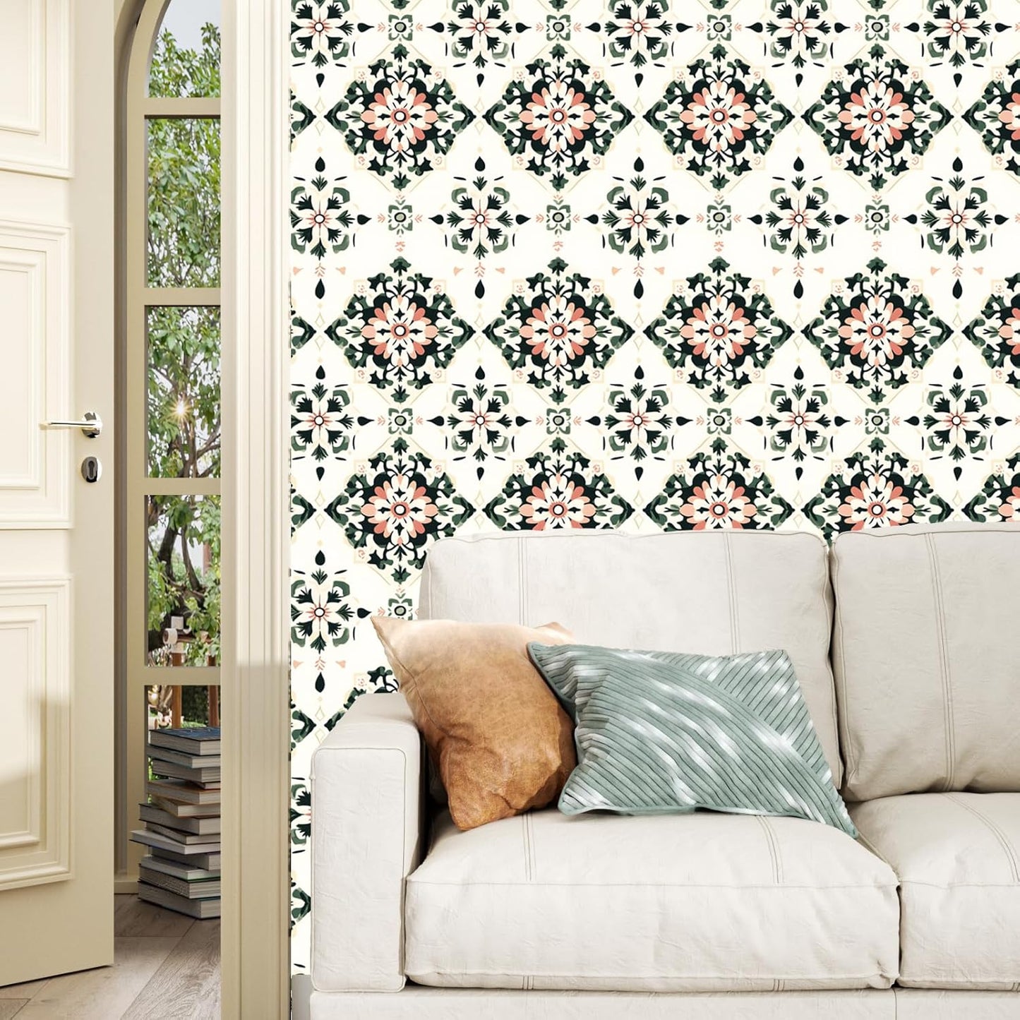 BOKEBEVE Leaves Contact Paper Floral Wallpaper Stick and Peel Boho Damask Wall Paper for Liner Drawer Cabinet Backsplash Renter Friendly Waterproof 17.5 x 118In