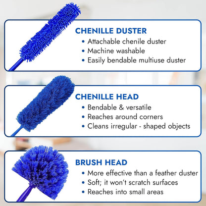 Webster Cobweb Duster and Spider Web Kit, Reach High Ceilings 18 To 20 Foot With Extension Pole and 3 Multi Use Heads