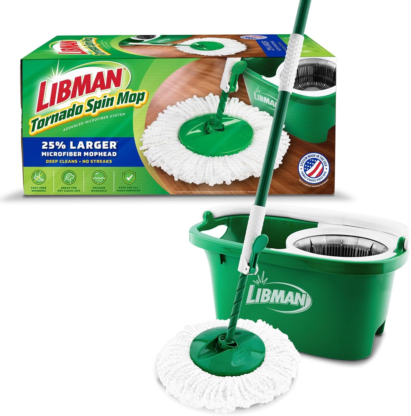 Libman Tornado Spin Mop System and 1 Refill, Mop and Bucket with Wringer Set for Hardwood Floor Cleaning, 2 Total Heads Included