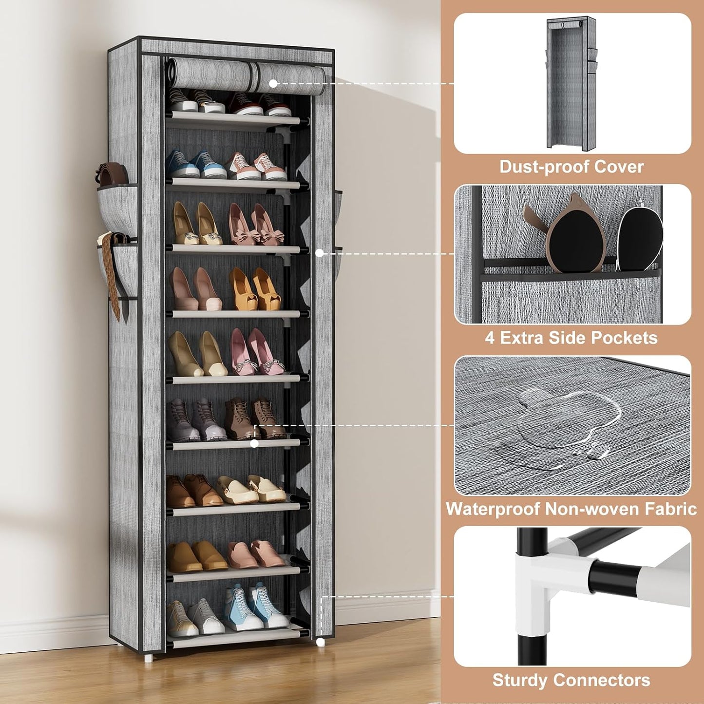VILICK Shoe Rack with Cover Narrow Shoe Organizer with 4 Side Pockets 10 Tier Tall Shoe Storage Holds 18-22 Pairs Shoes and Boots Shoe Rack for Closet Entryway Garage
