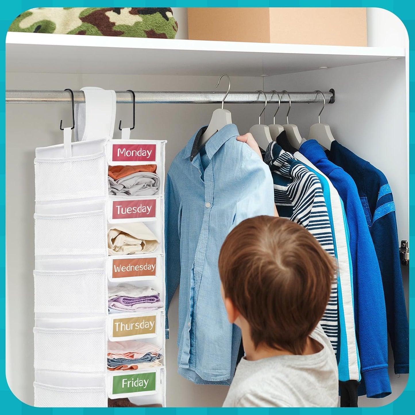 2 Pack 7 Shelf Weekly Clothes Organizer Hanging Closet for Kids with Side Pockets Weekday Shoes Rack Weekly Clothes Organizers Monday Through Weekend Foldable Storage Shelves(Black)