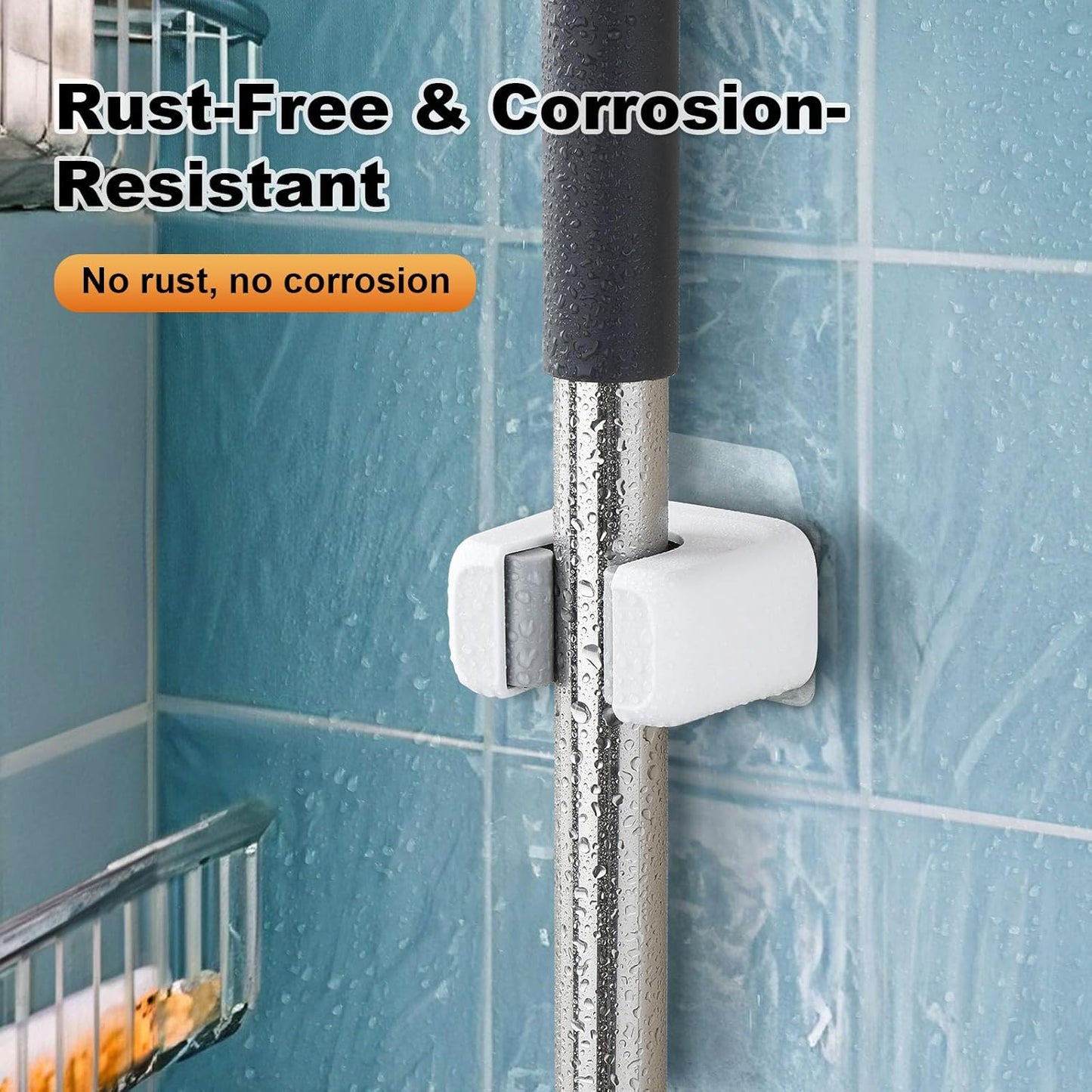 funest 6 Pack Mop and Broom Holder Wall Mount, No Drill Needed Self Adhesive, Non-Slip Mop Grippers for Tile Walls - Kitchen, Bathroom, Garage（White）