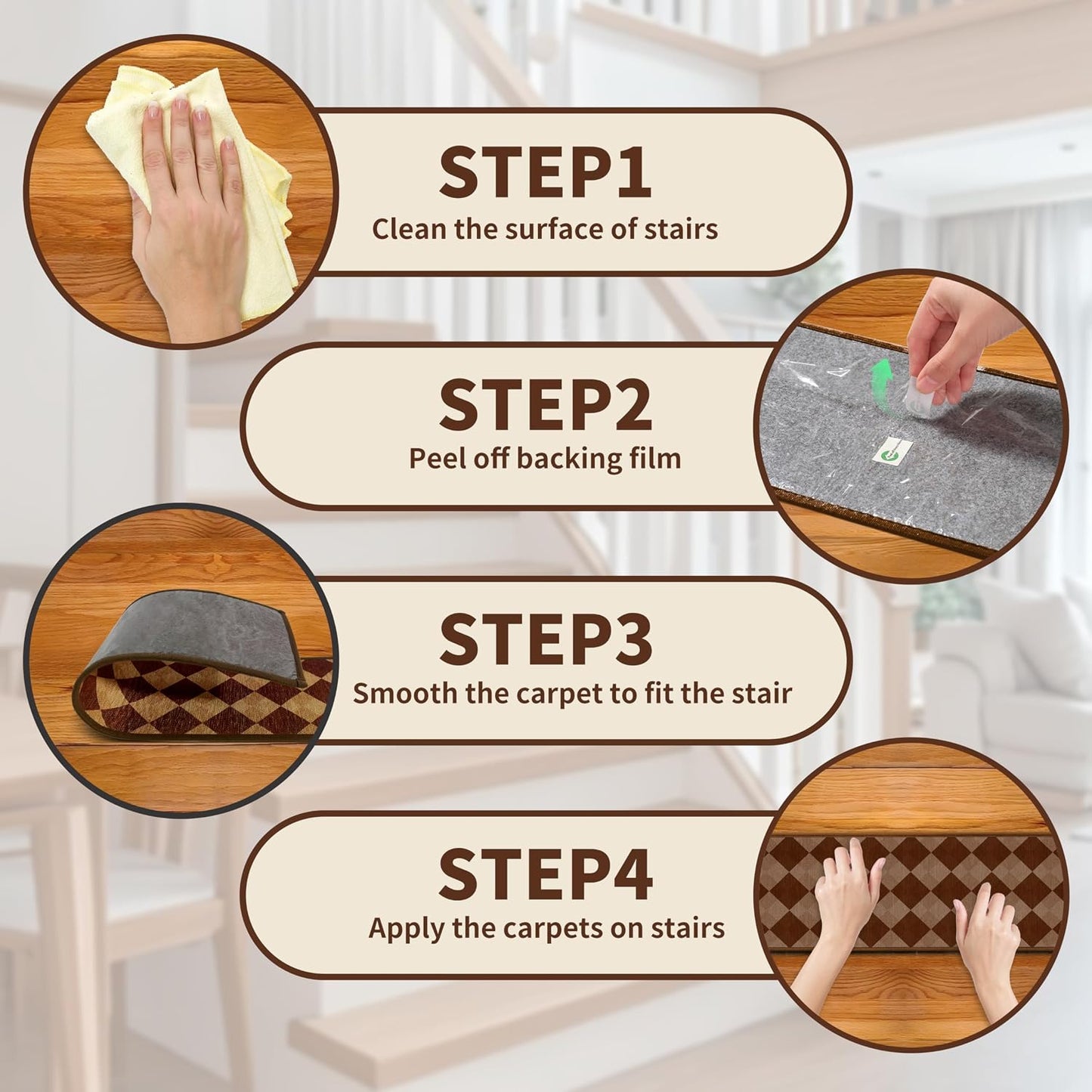 Non-Slip Carpet Stair Treads 15PCS, 8"x30" Peel and Stick Stair Runner for Wooden Steps Indoor, Washable Reusable Adhesive Backing, Pet-Friendly Safety Mats for Kids, Elders, Dogs