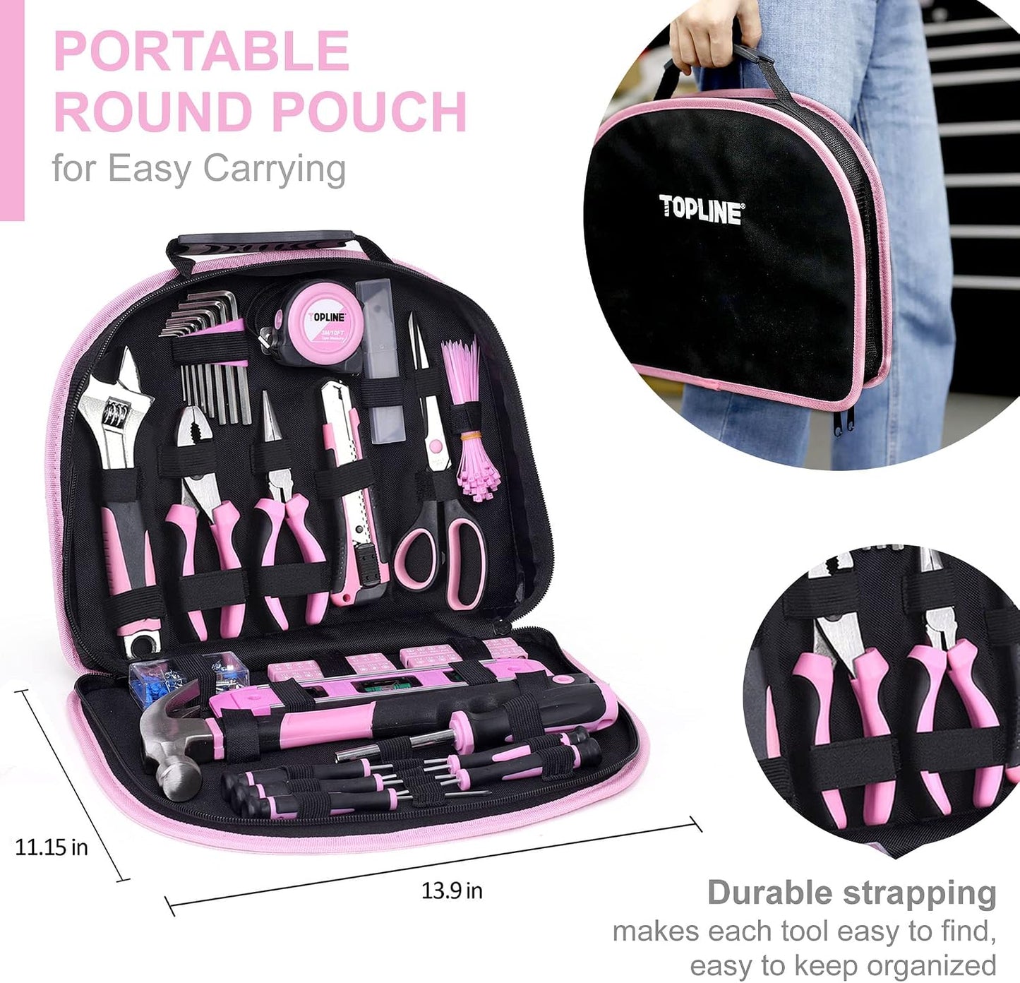 TOPLINE 208-Piece Pink Tool Kits for Women with Round Pouch, Small Tools Kit for Apartment, Home, Household Ladies Pink Tool Set for Best Gifts and Home Maintenance