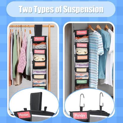 2 Pack 7 Shelf Weekly Clothes Organizer Hanging Closet for Kids with Side Pockets Weekday Shoes Rack Weekly Clothes Organizers Monday Through Weekend Foldable Storage Shelves(Black)