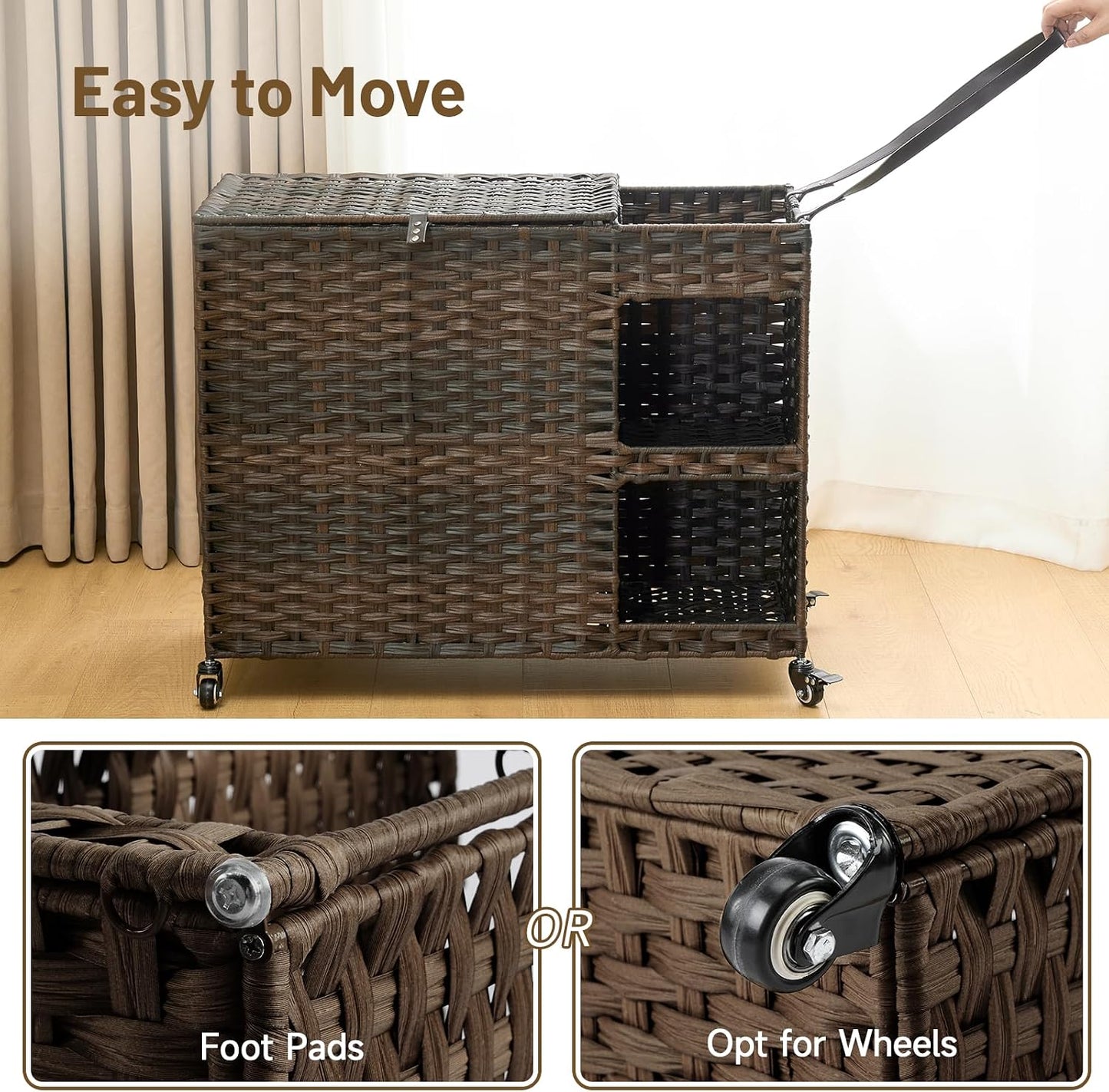 Laundry Hamper with Wheels, 42.3 Gal.(160 L) Laundry Sorter with Shelves, Rattan Clothes Hamper with 4 Removable Liners & 3 Mesh Bags, Handwoven Organizer for bedroom, bathroom, laundry room, Natural