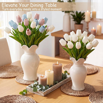 3 Pack White Ceramic Vase Set Small Rustic Decorative Vases Home Decor Wavy Edge Modern Flower Vases for Farmhouse Table Centerpiece Living Room Kitchen Bedroom (5.7,6.7,7.9in,Elegant)