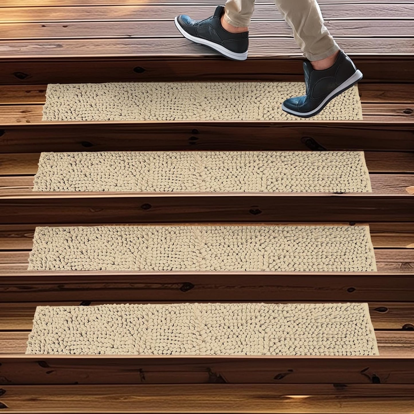 Muddy Mat® Pack of 4 - Soft Chenille Stair Treads Non-Slip Reusable, Super Absorbent Stair Treads for Wooden Steps, Tile & Marble Floor, Easy to Install & Machine Washable - Brown 30'' x 7''