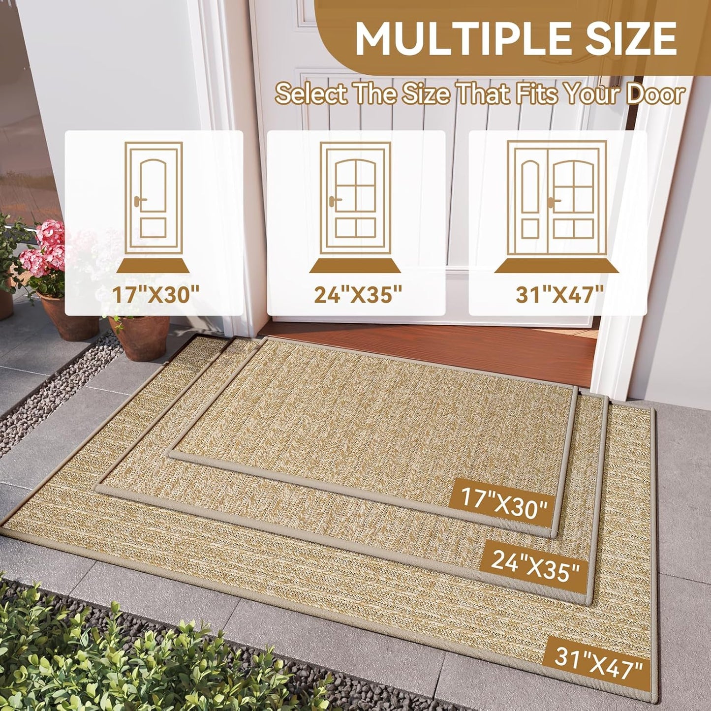 Front Door Mat 17"x30", Heavy Duty Waterproof Dirt Trapping Non-Slip Doormats, Low Profile Entrance Mats for Front Indoor/Outdoor, Brown
