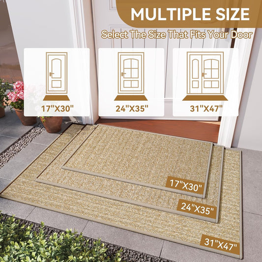 Front Door Mat 17"x30", Heavy Duty Waterproof Dirt Trapping Non-Slip Doormats, Low Profile Entrance Mats for Front Indoor/Outdoor, Brown