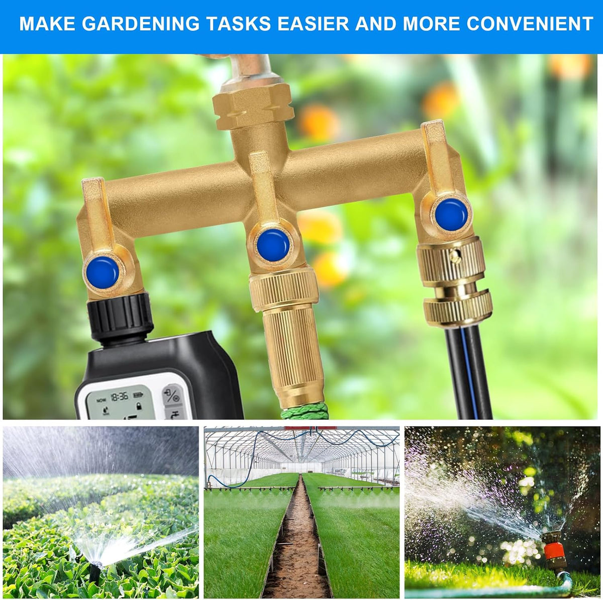Brass Garden Hose Splitter 2-Way Heavy Duty - 3/4" GHT Threads with 2×304 Stainless Steel Handles, High Flow Design for Efficient Water Distribution