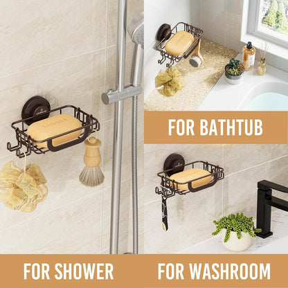 LEVERLOC Bar Soap Holder for Shower with Hooks, Suction Cup Soap Dish Rustproof Stainless Steel for Bathroom Accessories, Sponge Saver Black