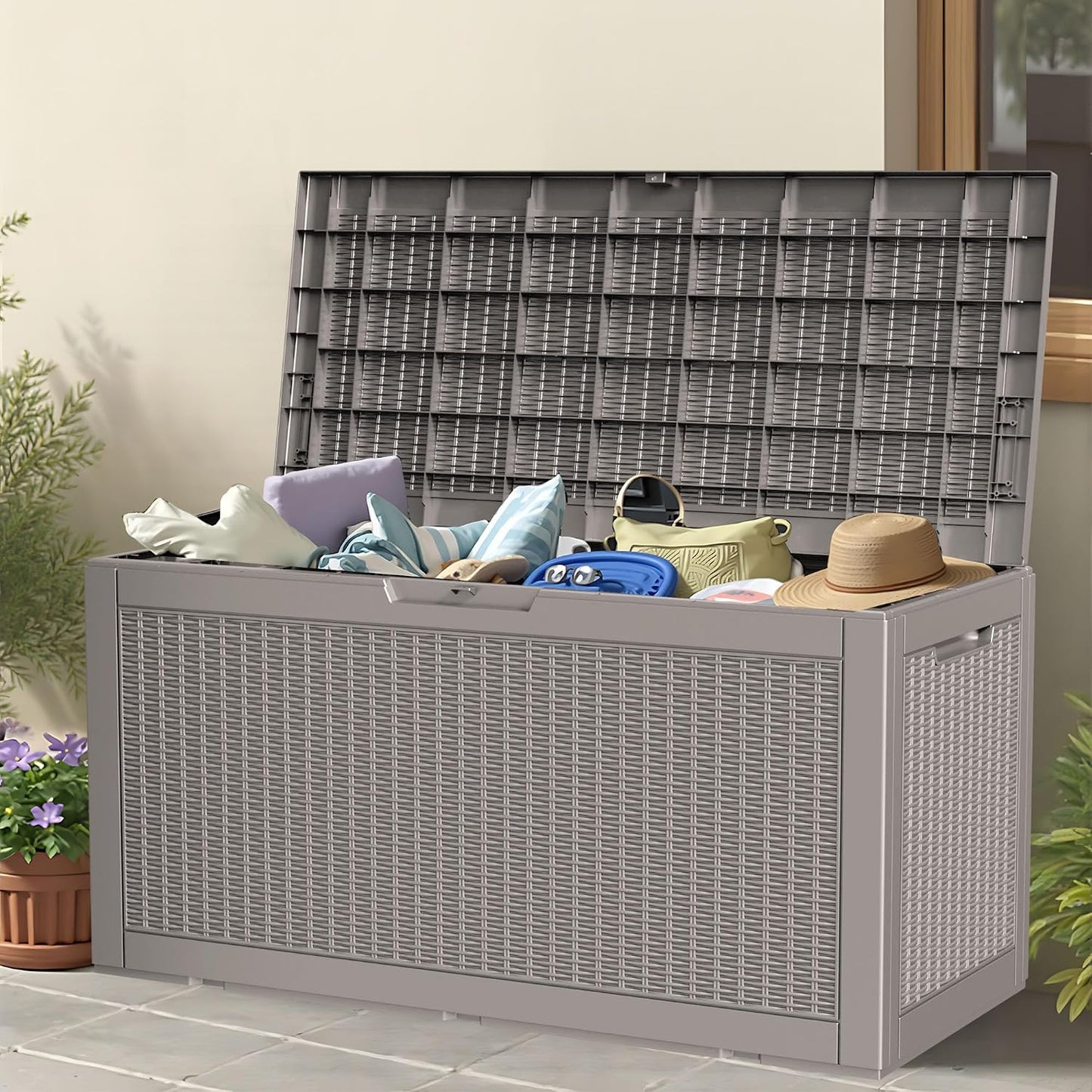 100 Gallon Storage Box, Waterproof Resin Deck Box with Hydraulic Piston Design, Lockable Storage Bench for Package Delivery, Storage Bin for Patio Cushions, Garden Tools, Black