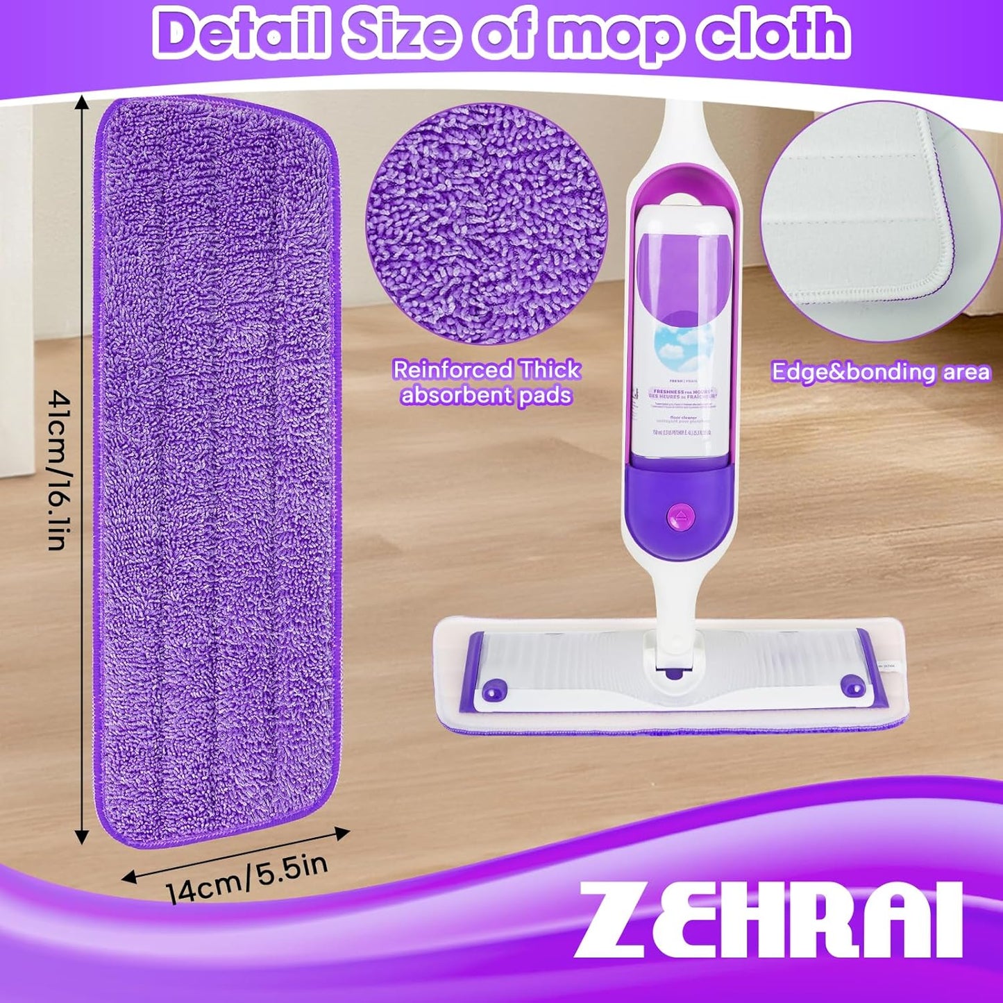 6 Pack Reusable Microfiber Mop Pads for Swiffer PowerMop, 13-16 Inch Spray Mop Replacement Refills, Machine Washable Wet Dry Pads for Hardwood Tile Multi-Surface Cleaning