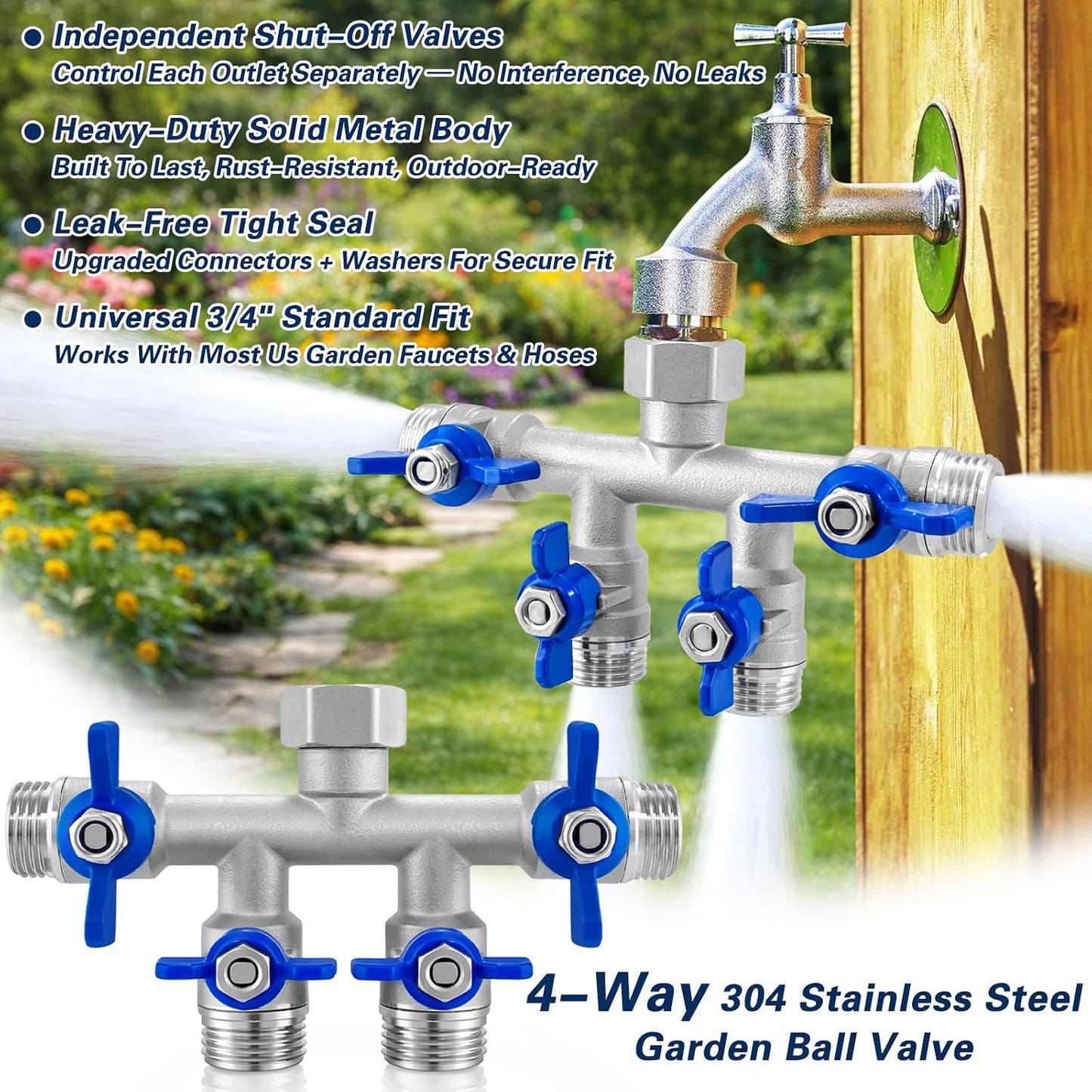 304 Stainless Steel Garden Hose Splitter 2 Way, Heavy Duty 3/4" GHT Y Hose Splitter with Shut-Off Valves, Full Flow Outdoor Faucet Connector with Wrench