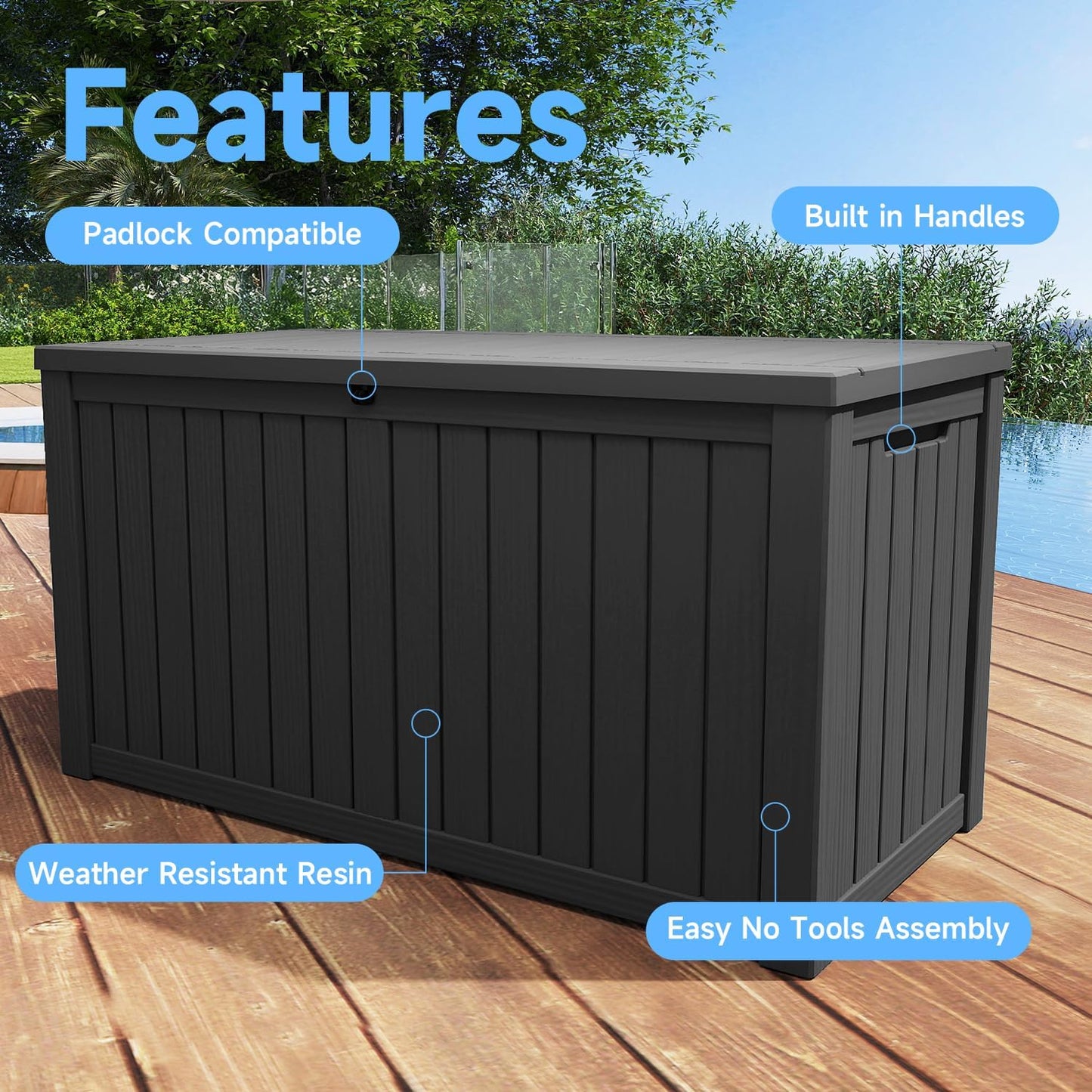ROJIK 55Gal Outdoor Storage Box Waterproof Deck Box | Heavy-duty UV-resistant resin, space-saving for balcony/patio, stores cushions/tools/pool gear, lockable lid as table/bench