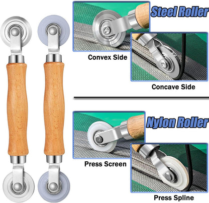 King&Charles Window Screen Door Repair/Replacement Kit, Include Black Screen Mesh 48"x118"+ 2 Roller+50Ft Spline+8Clips+Hook, 6 in 1 Window Mesh Kit, Steel/Nylon Bearing Roller