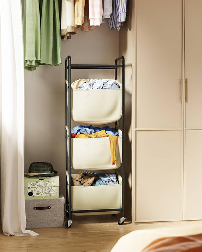 3 Section Laundry Sorter with Removable Bags, 120L Rolling Vertical Laundry Hamper, Stackable Laundry Baskets organizer for Bathroom, Apartment, Dorm (Beige, With Wheel)
